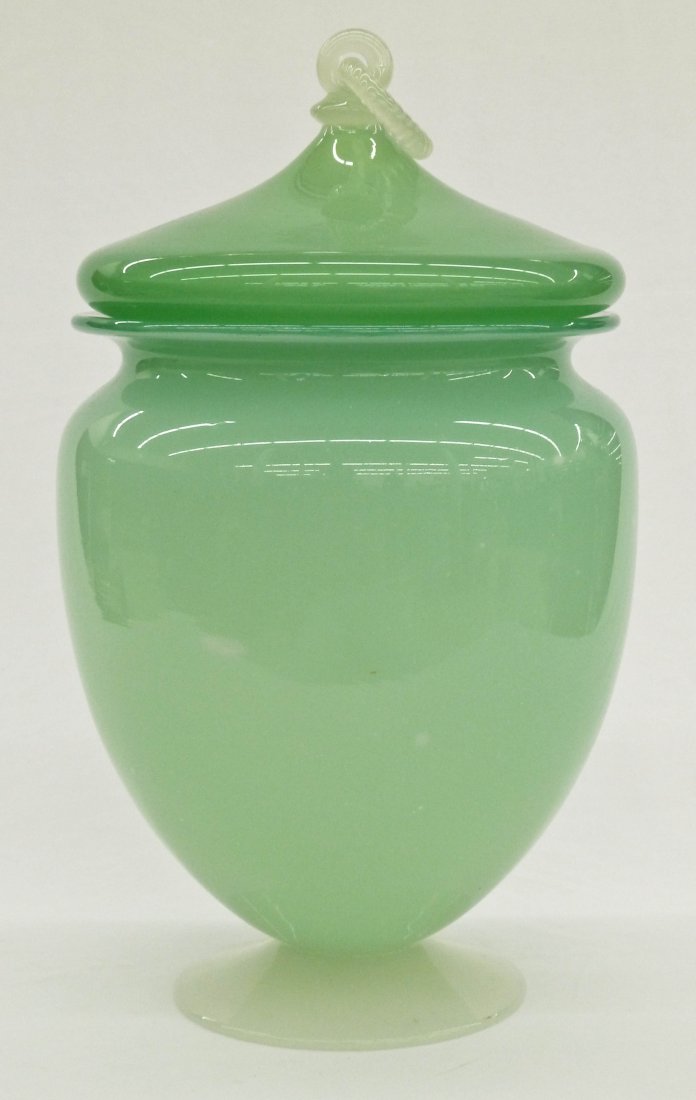 Steuben or S&W Jade and Alabaster Covered Urn with Rope: Steuben or Stevens & Williams Jade and Alabaster Covered Urn with Rope Handle 12.5''x7.5''. Some slight crazing inside top rim.