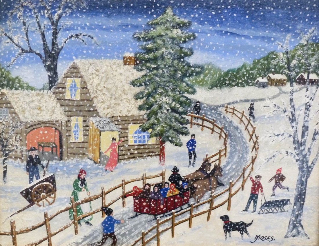 Grandma (Anna Robertson) Moses (1860-1961 NY/VA) At: Grandma (Anna Robertson) Moses (1860-1961 NY/VA) Attributed ''Snowy Night'' Oil/Canvas Board 14''x18''. Corner dent to bottom left corner. No other visible damage. Provenance: Per consignor, purchased