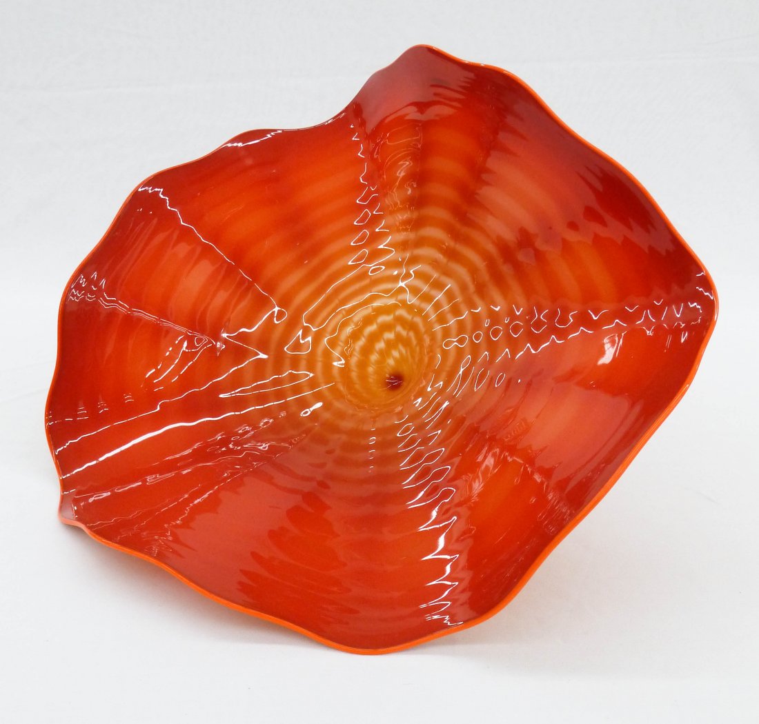 Dale Chihuly (b.1941 WA) Red & Yellow Persian 1993: Dale Chihuly (b.1941 WA) Red & Yellow Persian 1993 Studio Art Glass 11''x13.5''x9''. Coral orange applied edge. Signed and dated on front edge. Stretched small bubble in lower center that is original 