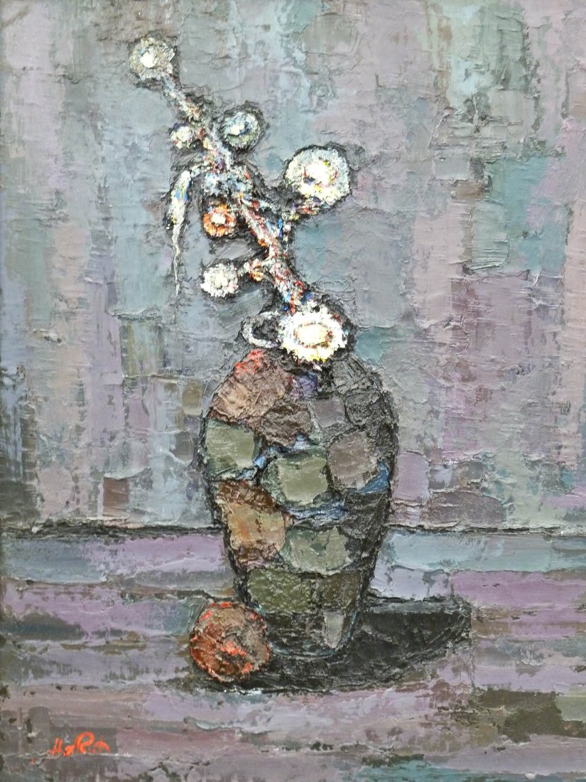 Harut Hakobyan (b.1965 Armenian) ''A Still Life wi: Harut Hakobyan (b.1965 Armenian) ''A Still Life with a Thorn'' Heavy Impasto Floral 1999 Oil/Canvas 40''x30''. Gallery framed.