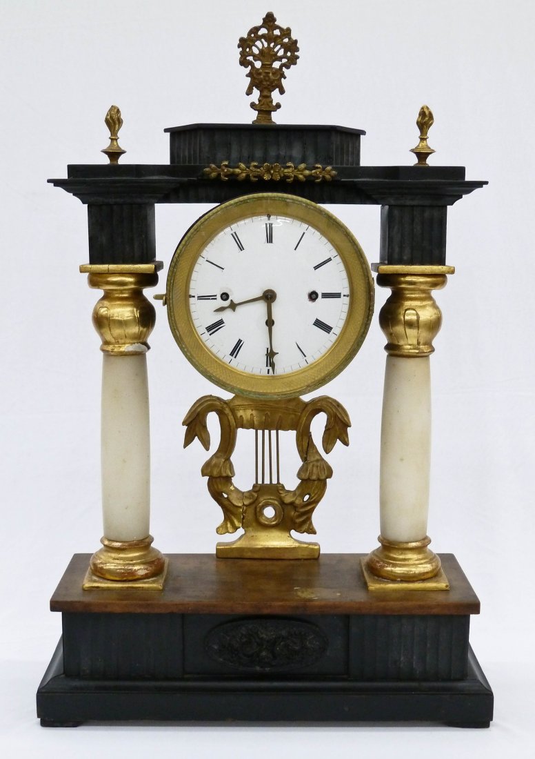Empire Style Grand Sonnerie Column Shelf Clock 22": Empire Style Grand Sonnerie Column Shelf Clock 22"x14.5". 19th Century. Repaired central lyre. Working, but missing pendulum.