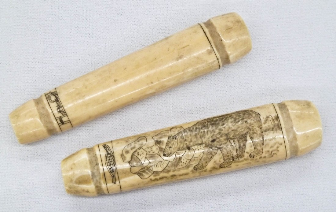 Pair Alaskan Scrimshaw Ivory Native Game Pieces o: Pair Alaskan Scrimshaw Ivory Native Game Pieces or Handles 4.25" to 4.5" Each. One depcits polar bear and icebergs. Each signed on the side W.A.S. Probably Inuit Indian.