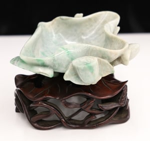 Chinese Jadeite Lotus Form Brush Washer on Stand