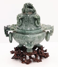 Chinese Jade Archaic Dragon Censor on Stand