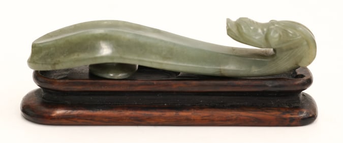 Chinese Yuan Jade Dragon Belt Hook on Stand