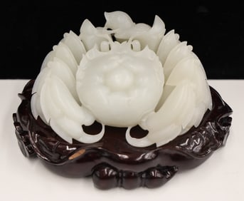 Fine Chinese White Jade Crab Carving on Stand
