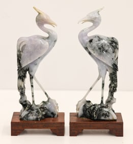 Pair Chinese Jadeite Crane Birds on Stands