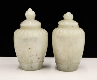 Pair Chinese Jade Miniature Covered Urns