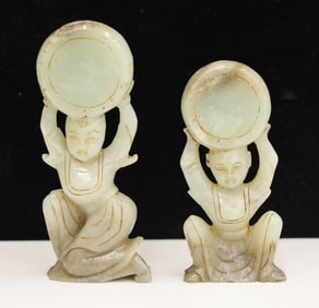 2pc Chinese Jade Women with Drums