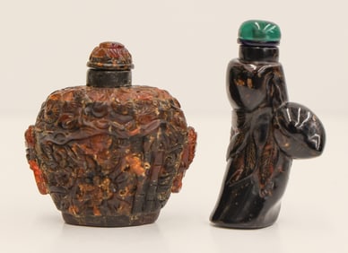 2pc Chinese Amber & Wood Snuff Bottles