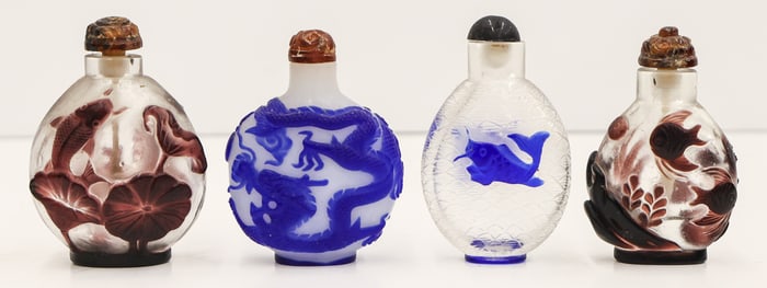 4pc Chinese Peking Overlay Carved Snuff Bottles