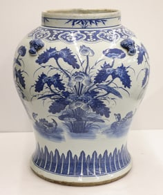 Large Chinese Blue & White Lotus Jar