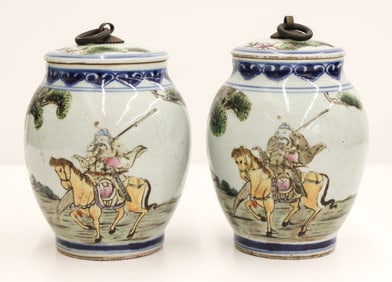 Pair Chinese Enameled Warrior Small Jars