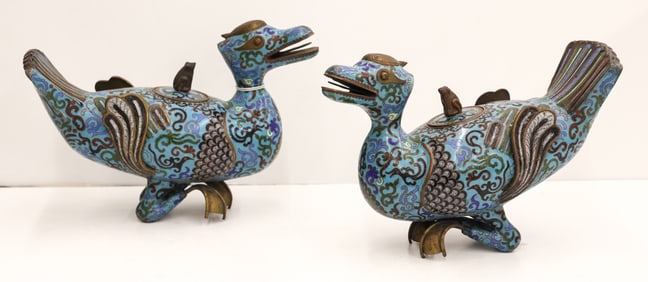 Pair Chinese Cloisonne Archaic Duck Vessels