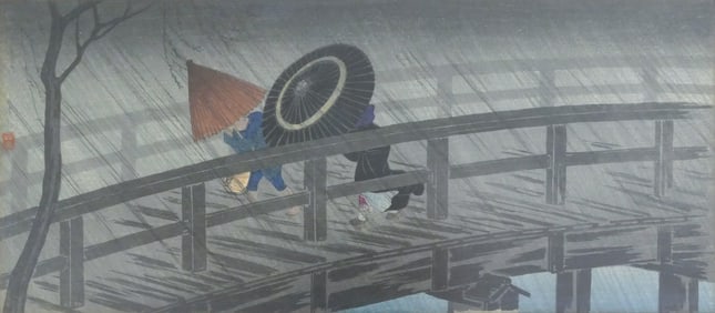 Takahashi Shotei ''Rain on Izumibashi Bridge'' Woodblock