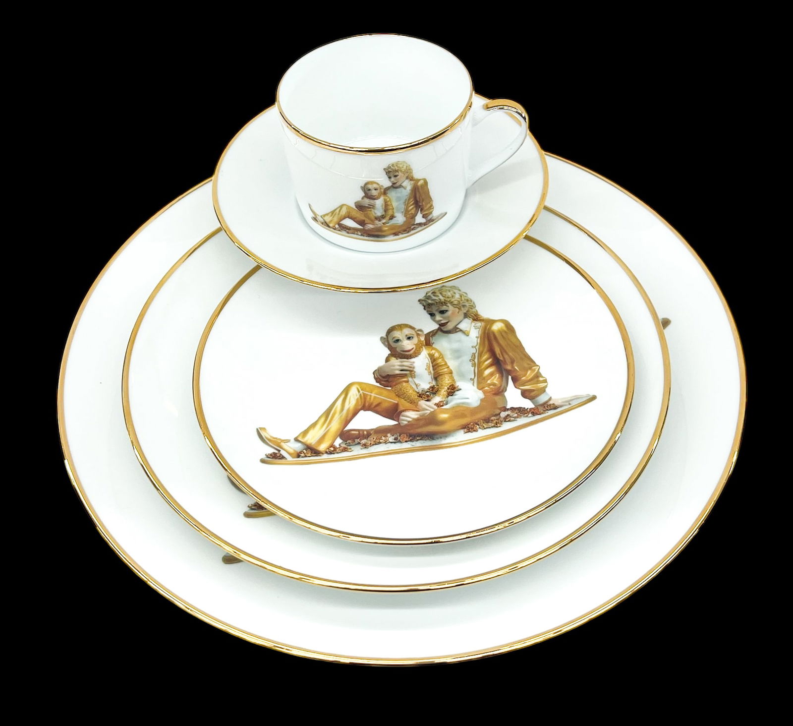 Jeff Koons ''Michael Jackson and Bubbles'' Porcelain: Jeff Koons (b.1955 New York) ''Michael Jackson and Bubbles'' Porcelain Service 4'' to 10.5''. From the Banality Series. Manufactured by Bernardaud, Limoges France from a limited edition of 4500. Inclu