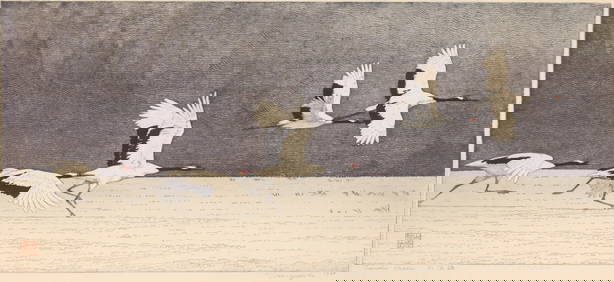 Toshi Yoshida ''Tancho Crane'' 1988 Woodblock (1 of 2)