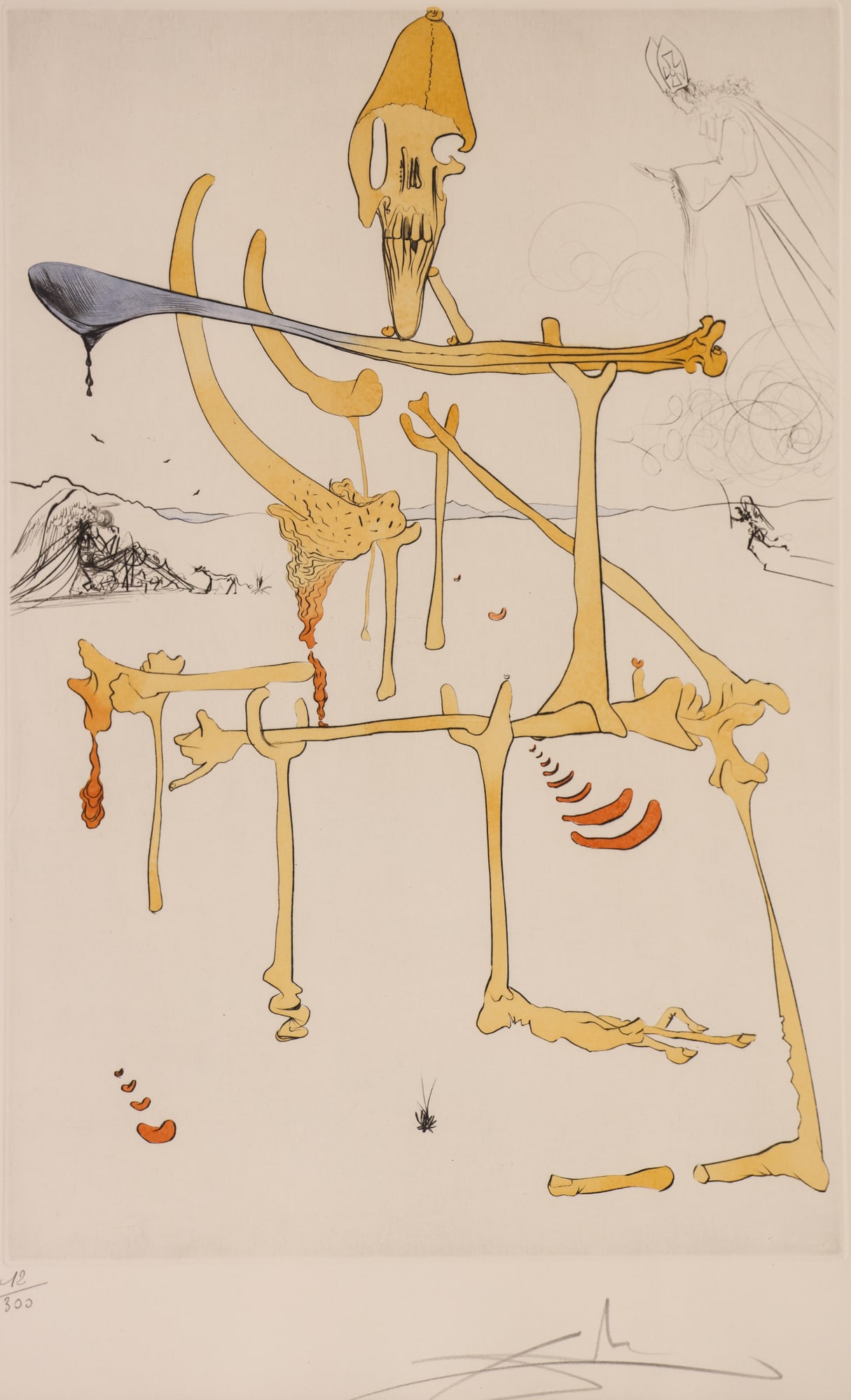 Salvador Dali ''Landscape with Skeleton'' 1975: Salvador Dali (1904-1989 Spanish) ''Paysage avec Squelette'' (Landscape with Skeleton) 1975 Color Engraving 20.5''x14.5'' Impression. Pencil signed and numbered 12 of 300 lower margin. Published by EG