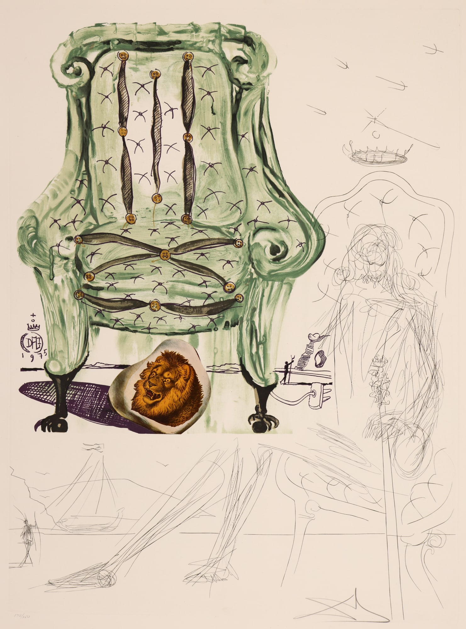 Salvador Dali ''Breathing Pneumatic Armchair'' 1975: Salvador Dali (1904-1989 Spanish) ''Breathing Pneumatic Armchair'' 1975 Lithograph with Collage 30.5''x22'' Sheet. Pencil signed and numbered 170 of 250 lower margin. Published by Merrill Chase, Chica