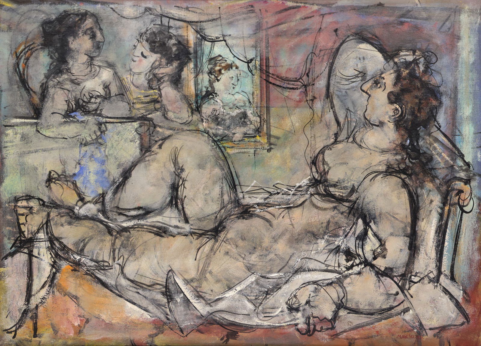 Max Weber ''Reclining Nude'' 1940's Oil on Canvas: Max Weber (1881-1961 New York) ''Reclining Nude'' 1940's Oil on Canvas 21''x29'' Image. Signed l.r. Framed 26''x34''. Excellent, original condition. Private collection, Seattle, Washington by descent.