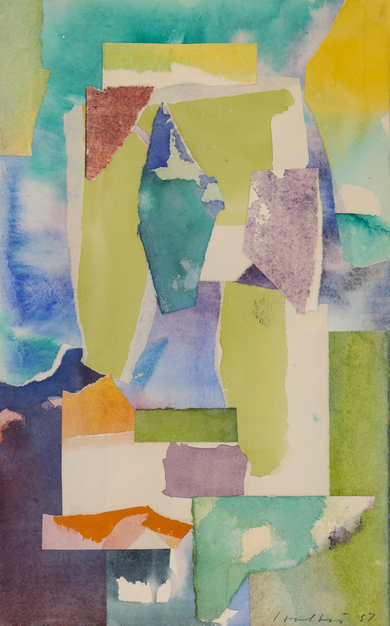 Carl Holty ''Collage'' 1957 Watercolor: Carl Robert Holty (1900-1973 New York) ''Collage'' 1957 Watercolor with Collage on Paper 14''x9'' Image. Signed and dated l.r. with Zoe Dusanne Gallery, Seattle label on verso. Original framing 21''x1