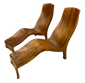 Marc Van Rampelberg Pair of Iroko Wood Lounge Chairs