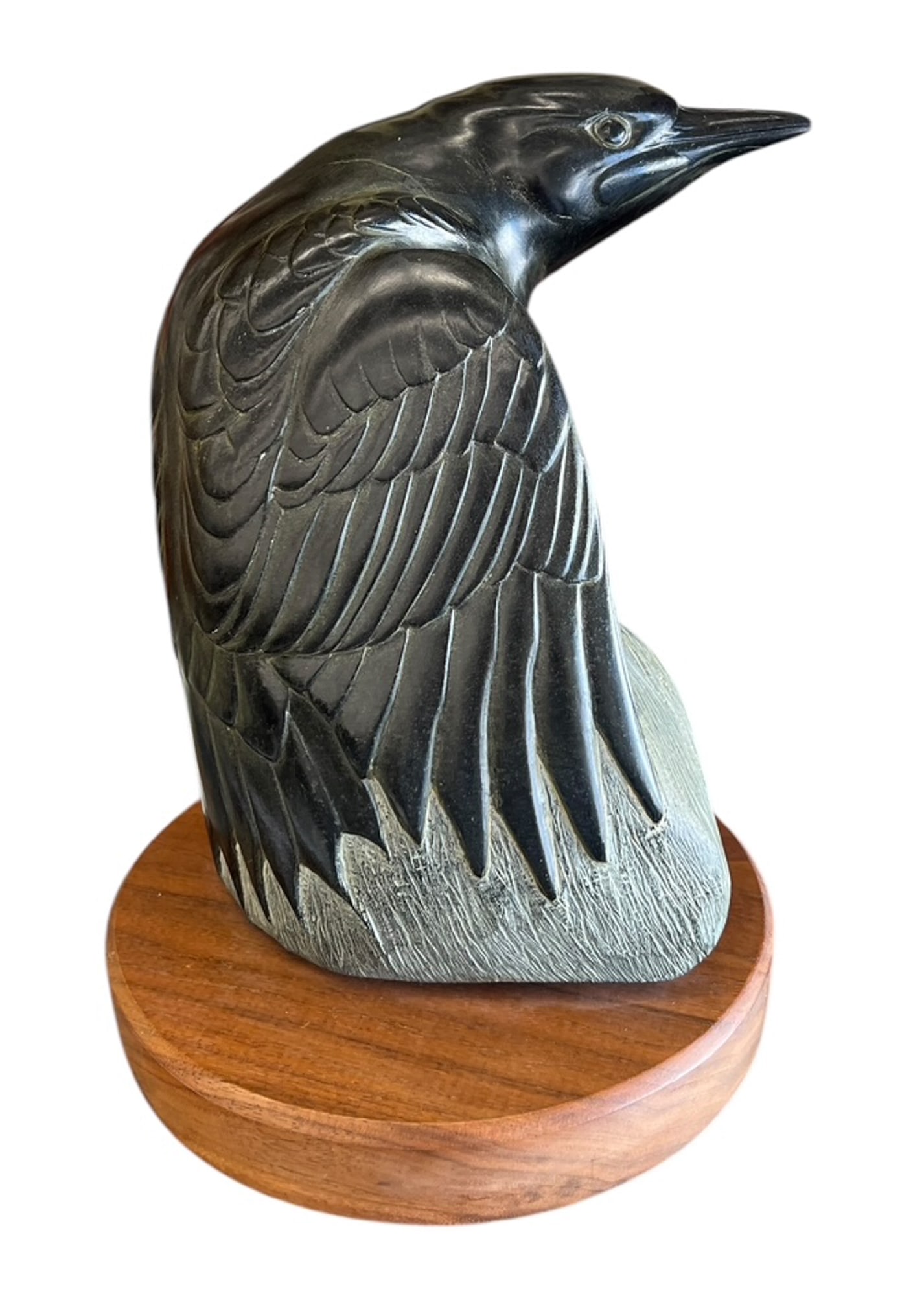 Tony Angell ''The Wood Hewer'' 1985 Stone Sculpture: Tony Angell (b.1940 Washington) "The Wood Hewer" (Flicker) 1985 Stone Sculpture 10.5"x8". Intricately carved chlorite stone bird sculpture. Signed on side with Denver Rotary Club's Artists of America