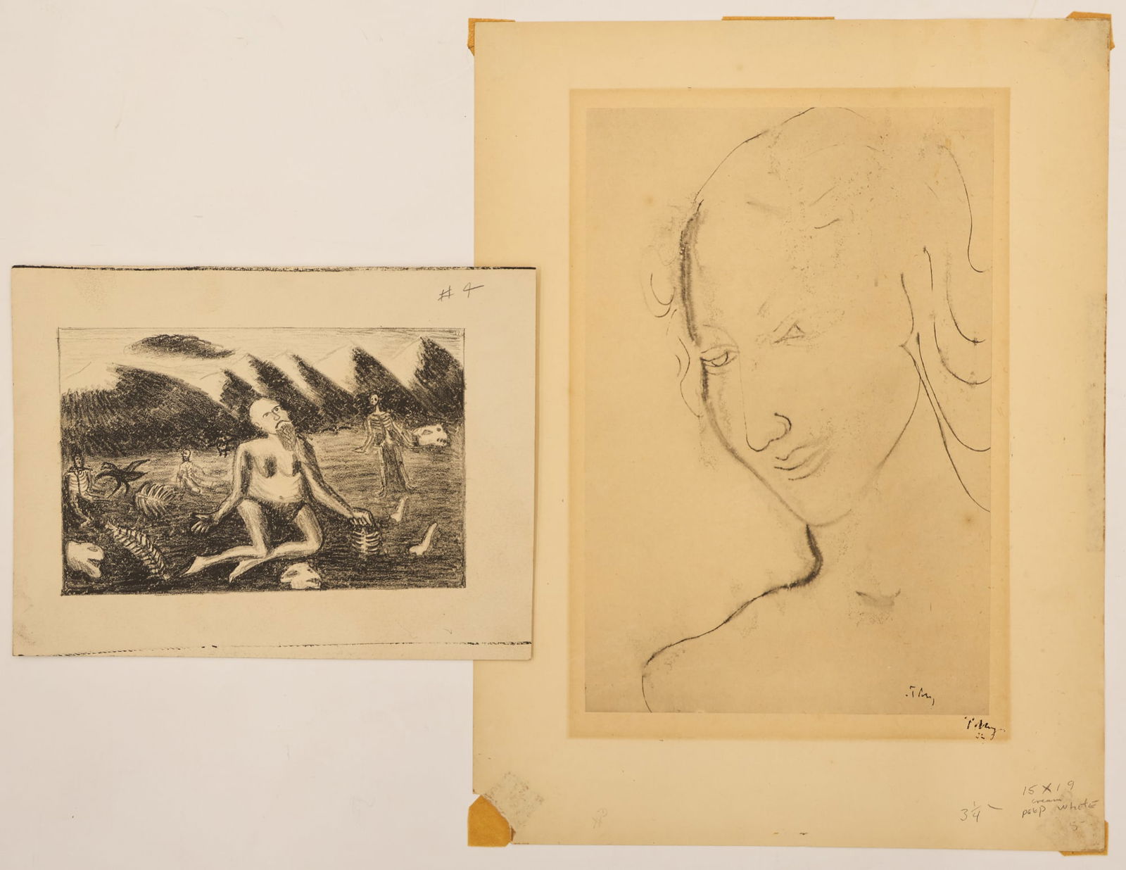 2pc James Washington Jr. & Mark Tobey Lithographs: 2pc James Washington Jr. and Mark Tobey Lithographs 15.75''x12'' and 7.5''x10'' Sheets. Includes an ink signed female portrait by Tobey and ''Ezekiel 37'' by James Washington Jr. Loose, unframed. Tobe