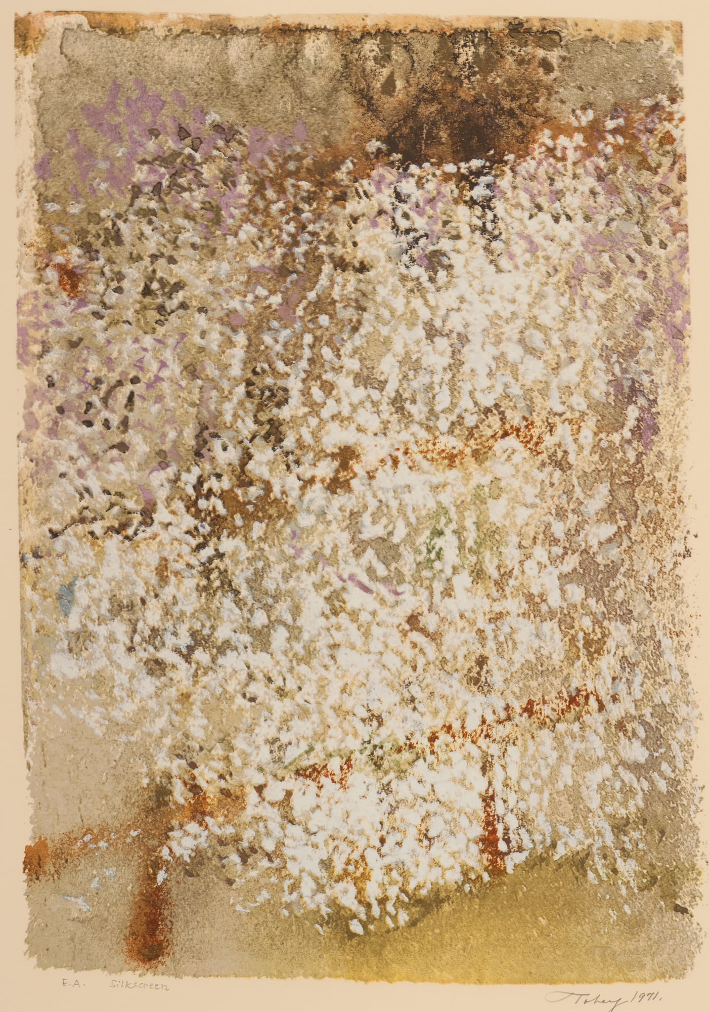Mark Tobey ''Blossoming Moments'' 1971 Serigraph: Mark Tobey (1890-1976 Washington) ''Blossoming Moments'' 1971 Serigraph on Richard de Bas paper 25.5''x19.75'' Sheet. Pencil signed and notated E.A. artist proof edition of 5. Edition de Beauclair, Fr