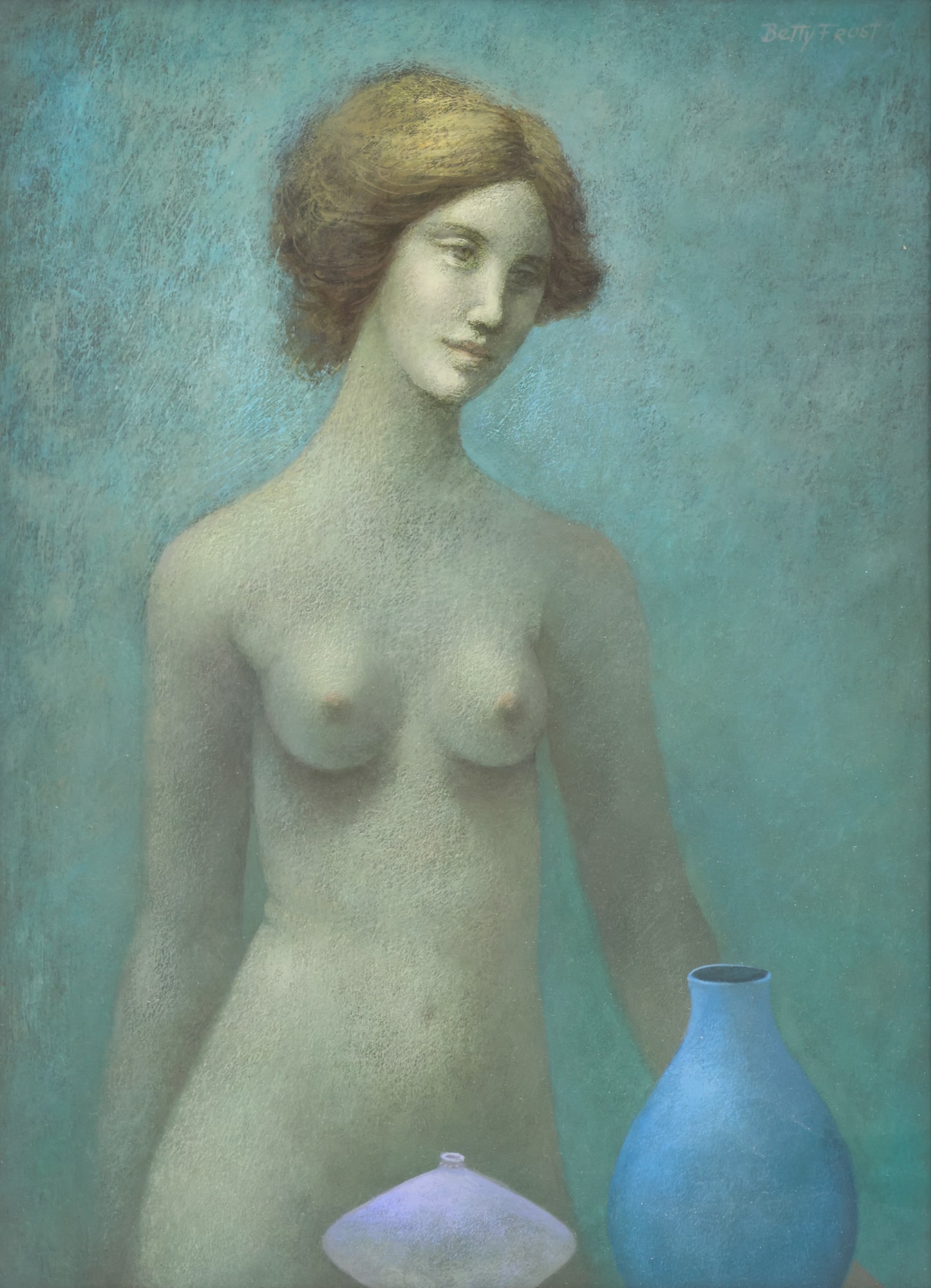 Betty Frost ''Nude with Vessels'' Oil: Betty Frost (1930-2012 Washington) ''Nude with Vessels'' Oil on Board 12''x9'' Image. Signed upper right corner. Gallery framed 20''x17''. Excellent condition.