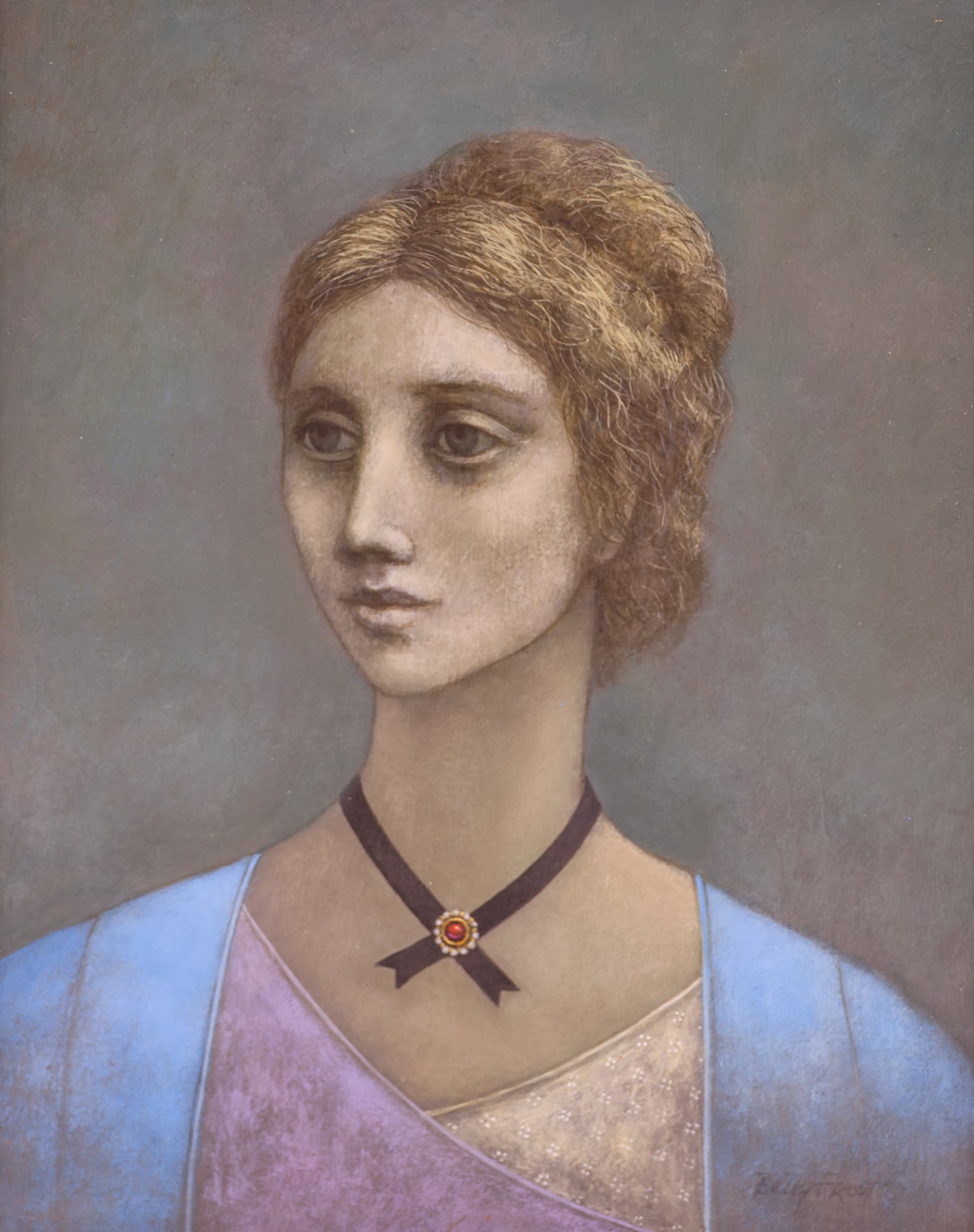 Betty Frost ''The Necklace'' Oil: Betty Frost (1930-2012 Washington) ''The Necklace'' Oil on Board 10''x8'' Image. Signed l.r. Gallery framed 18''x16''. Excellent condition.