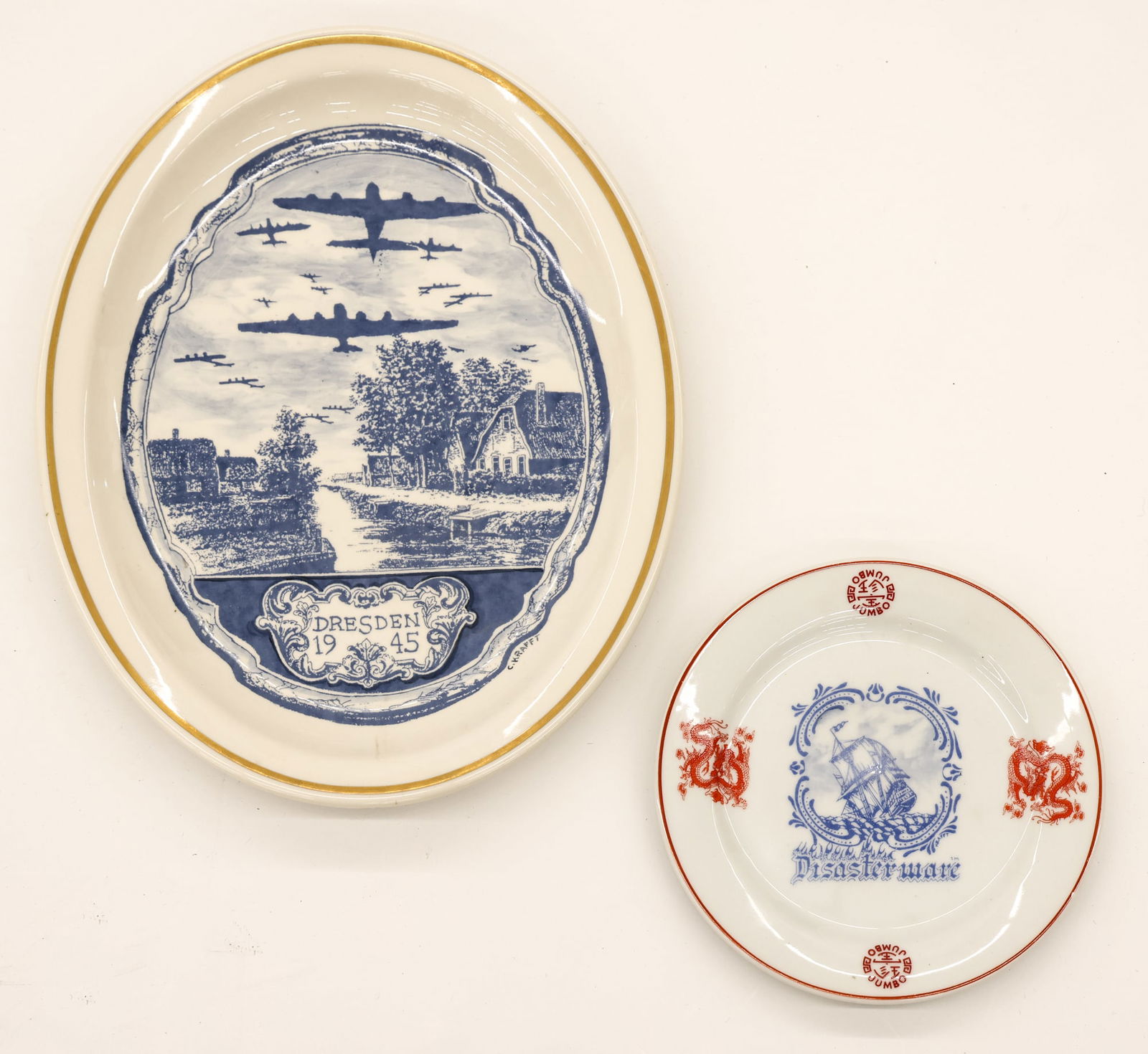 Charles Krafft ''Two Pieces of Disasterware'' 1993: Charles Krafft (1947-2020 Washington) ''Two Pieces of Disasterware'' 1993 Altered Labels on Found Porcelain 6.5'' and 11.5''. Includes a bread plate and oval platter numbered 6 of 50 on verso. Signed