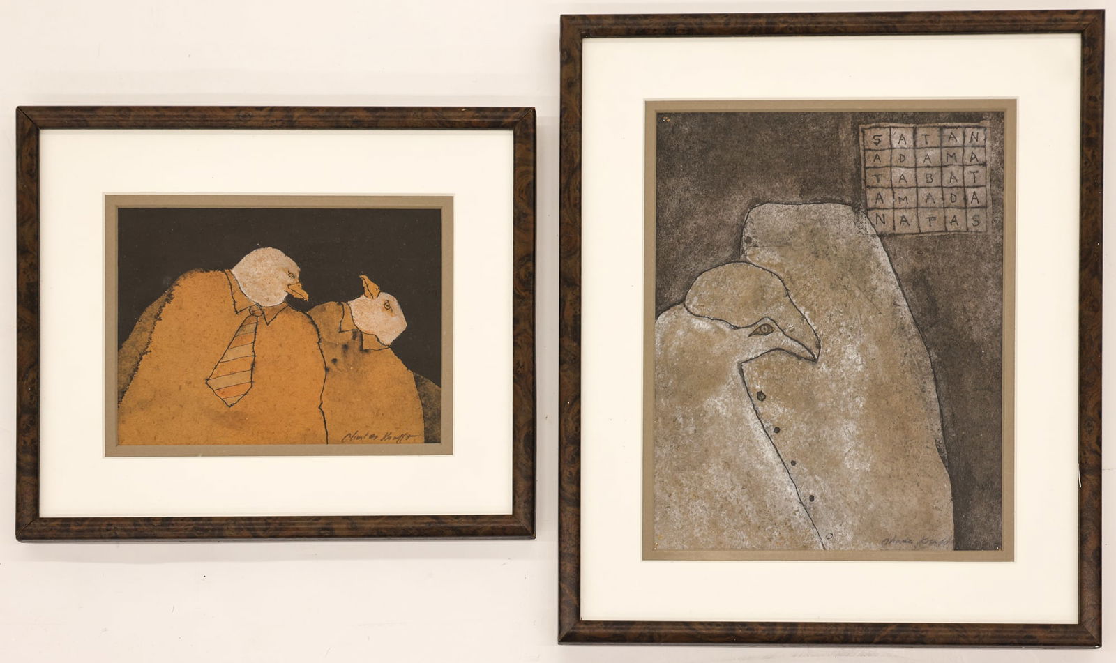 Charles Krafft ''Two Works: Bird People'' 1970's Tempera (1 of 1)