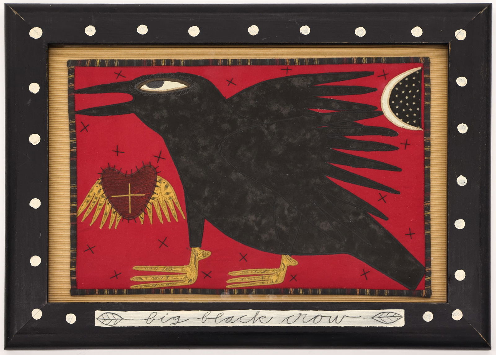 Chris Roberts Antieau ''Big Black Crow'' Fabric Art: Chris Roberts Antieau (b.1951 American) ''Big Black Crow'' Fabric with Embroidery 10.5''x16'' Image. No visible signature. Artist made framing with title 16''x22''. Excellent condition.
