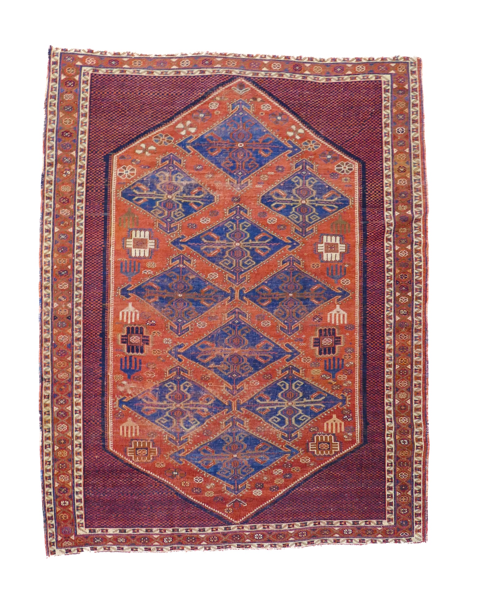 Caucasian Oriental Rug: Caucasian Oriental Rug 5'6''x4'4''. Blue diamond medallions on red field. Minor wear to field, overall excellent condition. From the estate of Douglas Barnhart, Seattle, WA, private collector of fine