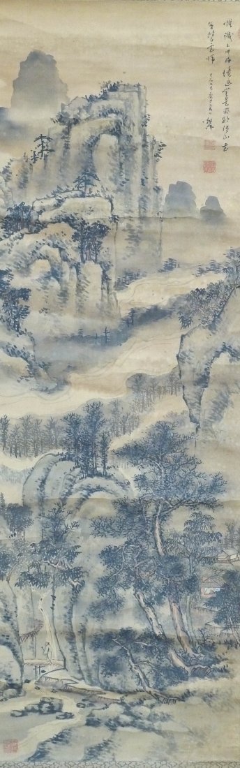 Japanese Meiji Landscape Sumi Scroll Painting ''Buddhis: Japanese Meiji Landscape Sumi Scroll Painting ''Buddhist Ancestry Reminiscing Old Time'' 51''x17'' Image. Total scroll size 84''x22.25''.