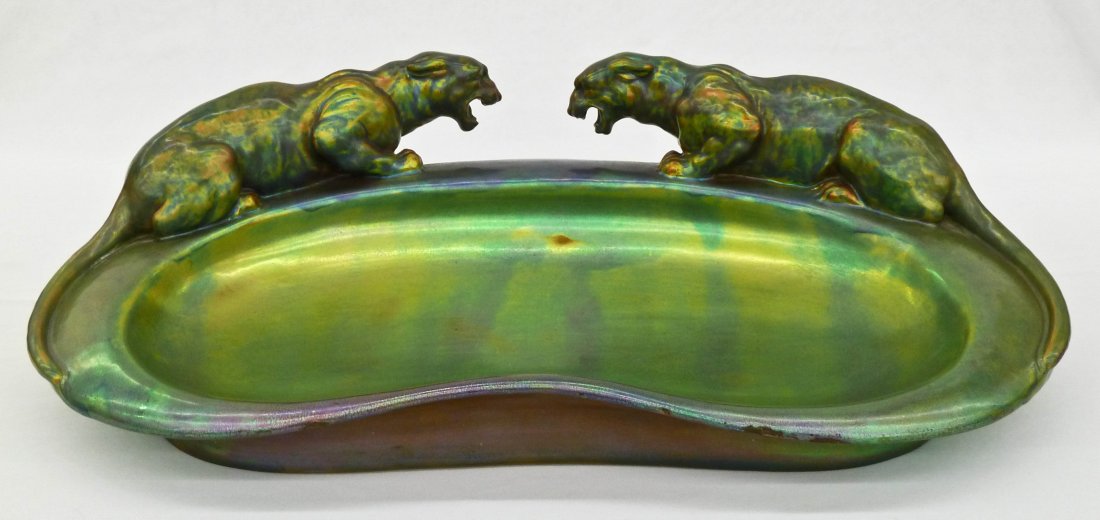Zsolnay Double Panther Eosin Glaze Figural Tray 18''x10: Zsolnay Double Panther Eosin Glaze Figural Tray 18''x10''x5''. Circa 1910. Slight rubs to front edge of tray and base. No other damage.