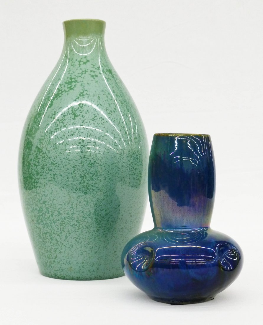 (2) French Pottery Art Nouveau Vases. Sarreguemines Etn: (2) French Pottery Art Nouveau Vases. Sarreguemines Etna Crystalline Glaze Green Vase 9'' and a Rambervillers Iridescent Glaze Vase 5''.