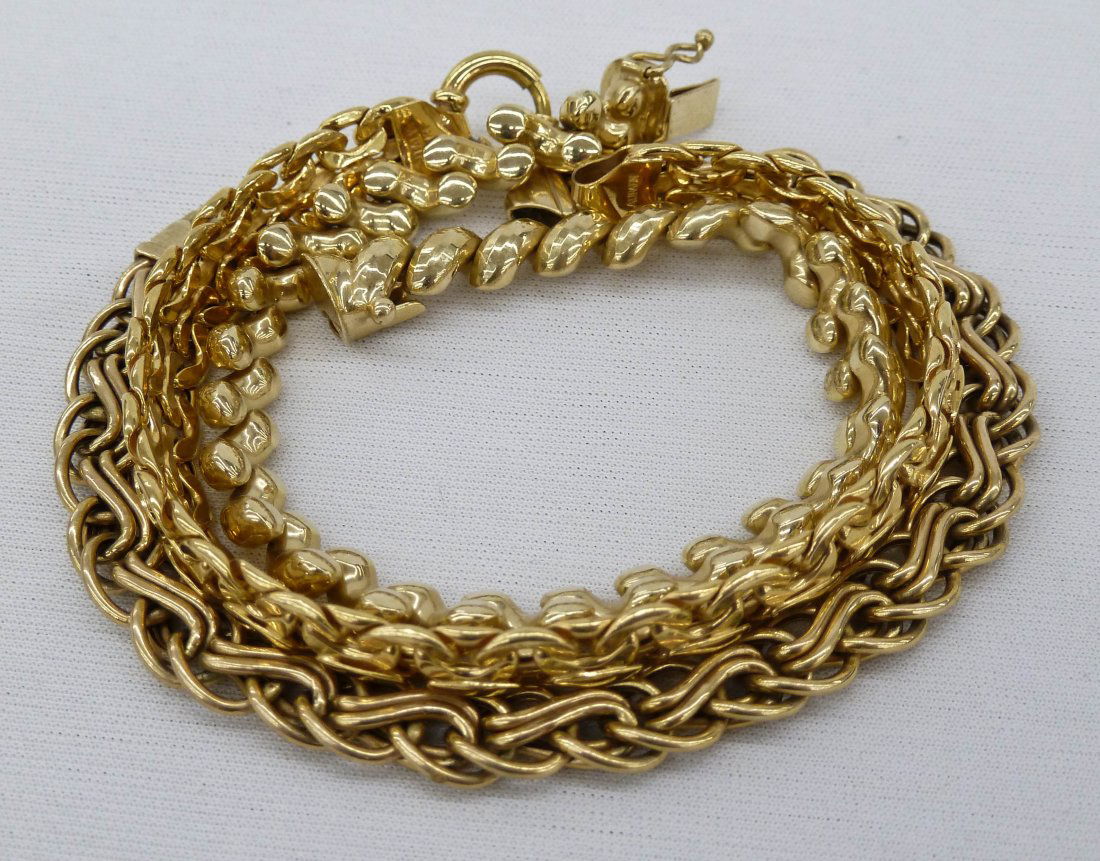Group (3) 14k Gold Link Bracelets. All measuring 7'' lo: Group (3) 14k Gold Link Bracelets. All measuring 7'' long with a total weight of 31 grams for all three.
