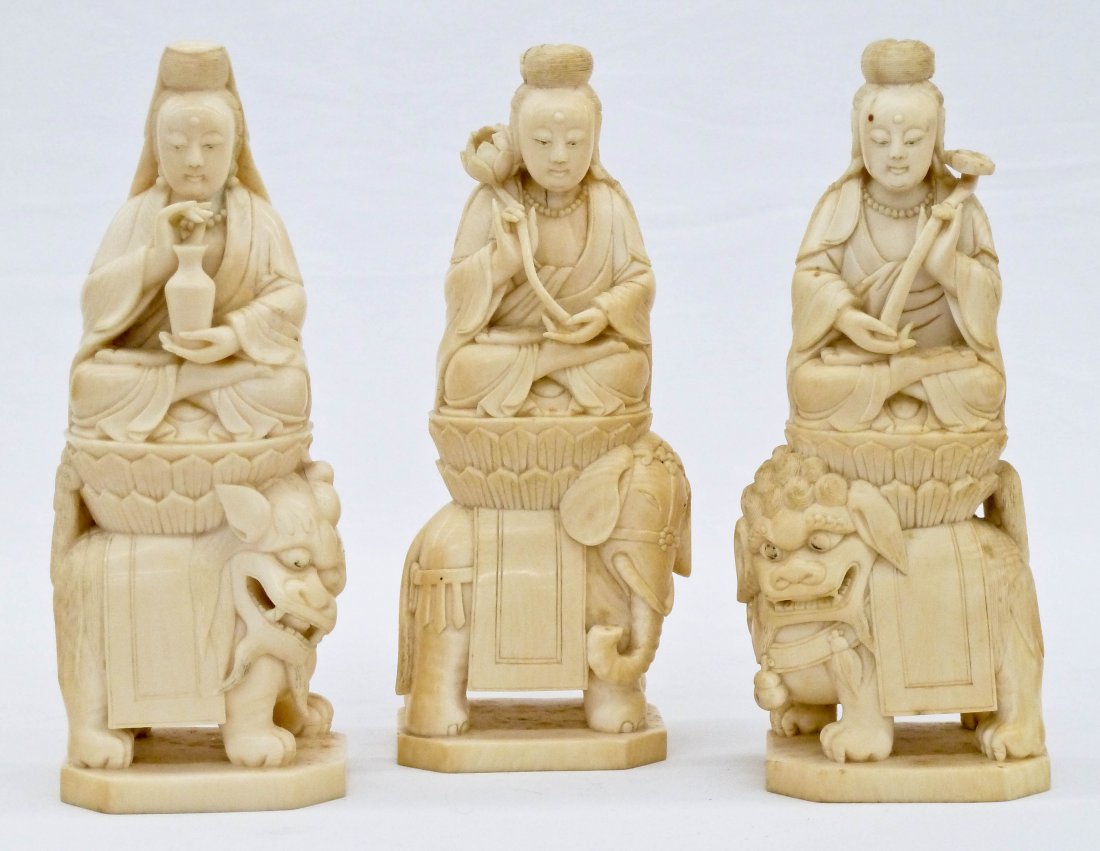 Set (3) Chinese Finely Carved Ivory Guanyin Figures Rid: Set (3) Chinese Finely Carved Ivory Guanyin Figures Riding Foo Dogs & Elephant 5.75''x2.25'' Each. Each guanyin holds a lotus blossom, vase, and ruyi scepter. 19th/20th Century.
