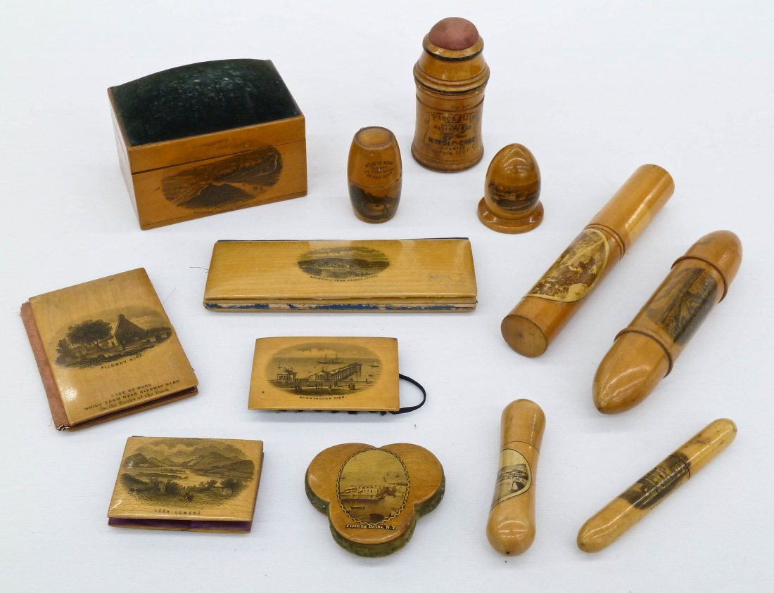 Group (13) Mauchline Ware Scottish Wood Sewing Implemen: Group (13) Mauchline Ware Scottish Wood Sewing Implements. Includes boxes, needle cases, pin cushion, and needle books. Sizes range 1.5'' to 5.5''.