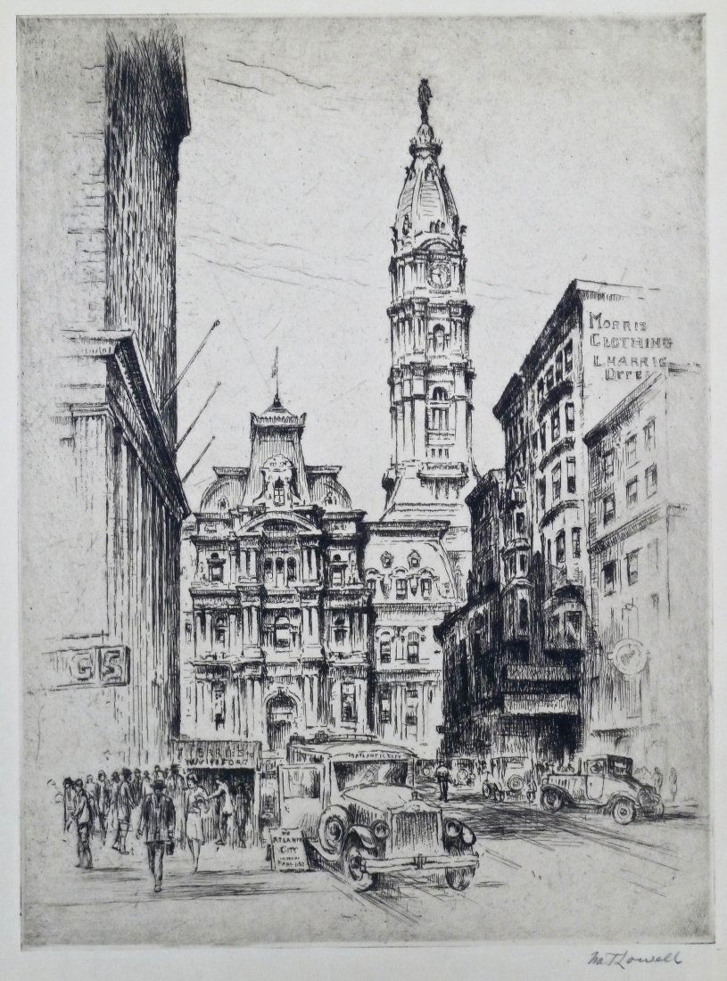 Nat Lowell ''Market Street, Philadelphia'' Pencil Signe: Nat Lowell ''Market Street, Philadelphia'' Pencil Signed and Titled Etching 13.75''x10'' Image. Excellent condition and loose. Total sheet size 17.75''x13.75''.