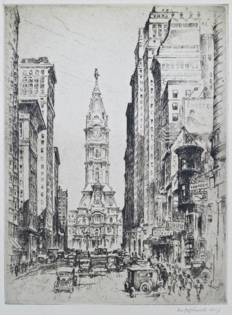 Nat Lowell ''Broad Street, Philadelphia'' 1927 Pencil S: Nat Lowell ''Broad Street, Philadelphia'' 1927 Pencil Signed and Titled Etching 12''x9'' Image. Excellent condition and loose. Total sheet size 16.75''x12.75''.