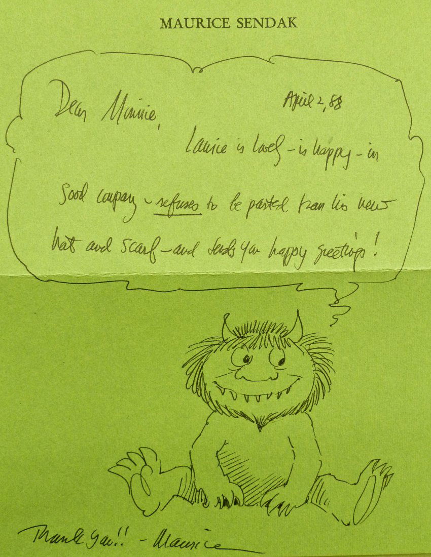 (2) Maurice Sendak (b.1928) ''Wild Thing'' Ink Drawings: (2) Maurice Sendak (b.1928) ''Wild Thing'' Ink Drawings on Letterhead Paper 7''x6'' and 7''x5''. Both have hand written letters and are signed. Famous illustrator of children's book, ''Where the Wild