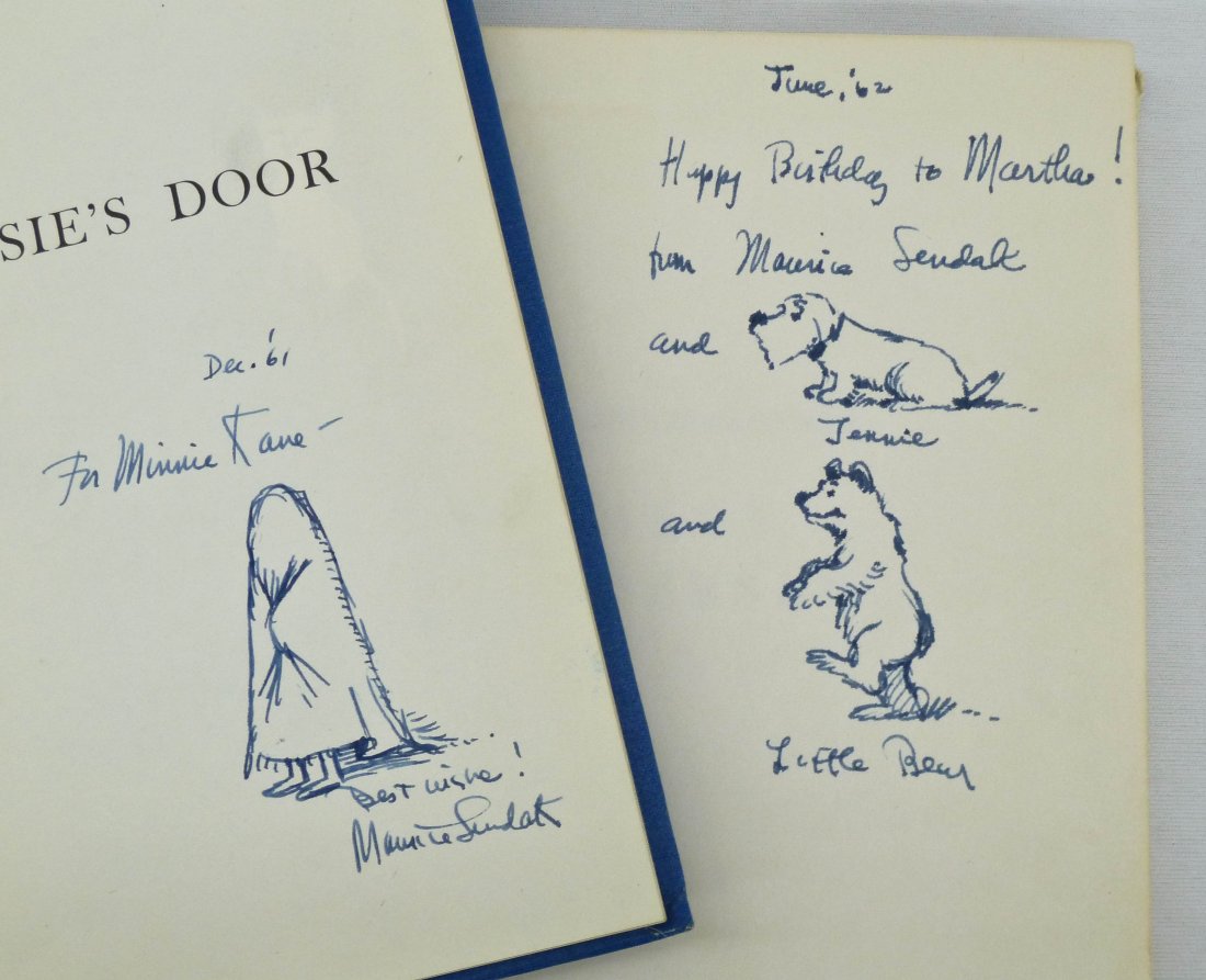 (2) Maurice Sendak Illustrated Books with Drawings on F: (2) Maurice Sendak Illustrated Books with Drawings on First Page. Includes ''The Sign on Rosie's Door'' with 3''x2'' ink drawing of boy in sheets and ''Seven Tales'' by H.C. Andersen with 3.5''x2.5''