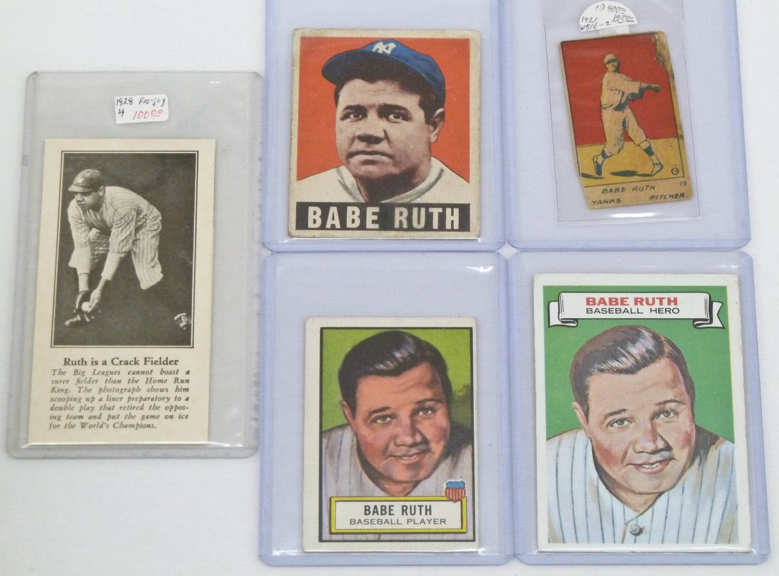 Group (5) Babe Ruth Baseball Cards. Includes 1921 W516-: Group (5) Babe Ruth Baseball Cards. Includes 1921 W516-2 (Poor to Fair), 1928 Fro-Joy (Excellent), 1948 Leaf #3 (Fair), 1952 Topps Look'n See #15 (Good to Very Good), and 1967 Topps Who Am I #12 (Good