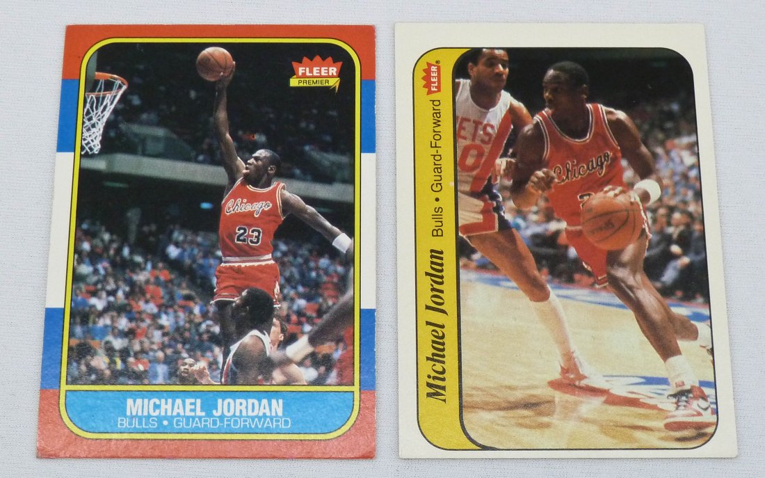 1986-87 Fleer Michael Jordan Rookie Card #57 and Sticke: 1986-87 Fleer Michael Jordan Rookie Card #57 and Sticker #8. Condition ranges very good to excellent. Guaranteed authentic.