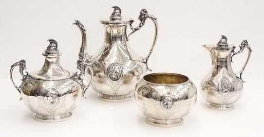 4pc Kidney, Cann & Johnson Coin Silver Medallion Tea Service