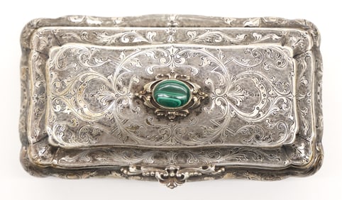 Ornate Italian 800 Silver Malachite Table Box