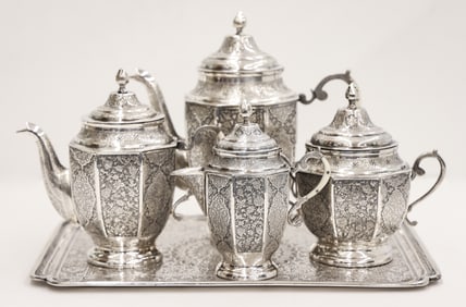 5pc Ornate Persian Vartan 84 Silver Tea Service